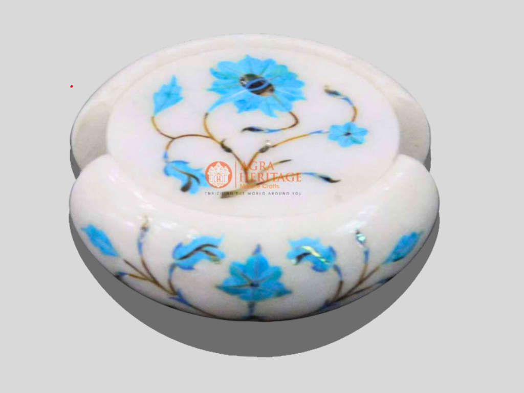 Marble White Turquoise Stone Floral Coaster Set